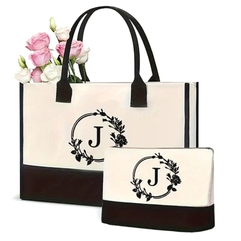 New! LARGE Initial J Monogram Canvas Tote bag set with Makeup Bag